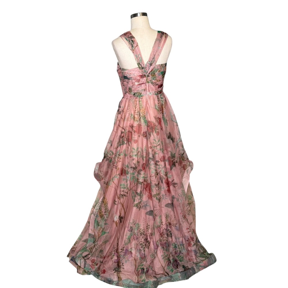 PATBO Pink Floral Print Tulle Evening Gown Beaded Garden Fairy Women's Size 8 - Picture 4 of 13